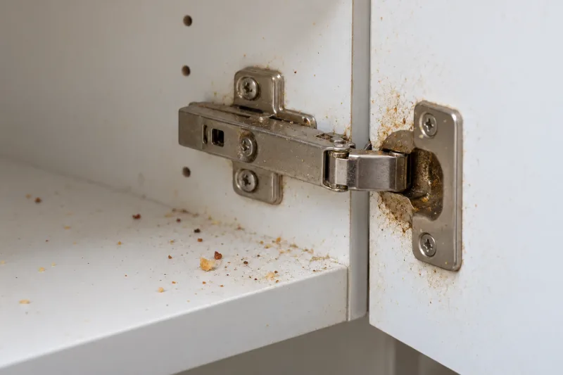 Greasy cupboard hinge inside a white cabinet with crumbs on the shelf below – end of lease cleaning in Newtown