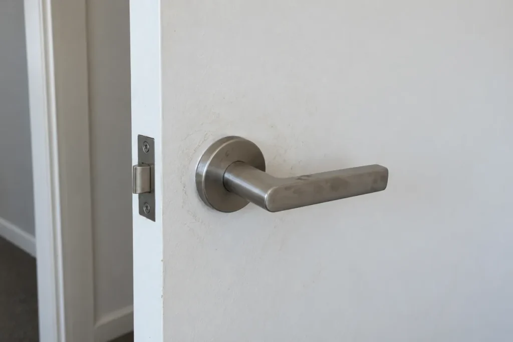Interior door with a smudged steel lever handle and grubby marks around it – end of lease cleaning in North Melbourne