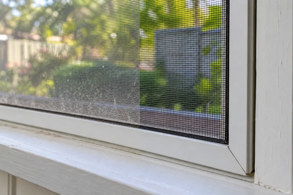 Window flyscreen mesh clogged with dust on the left, the right half clear – end of lease cleaning in Northcote