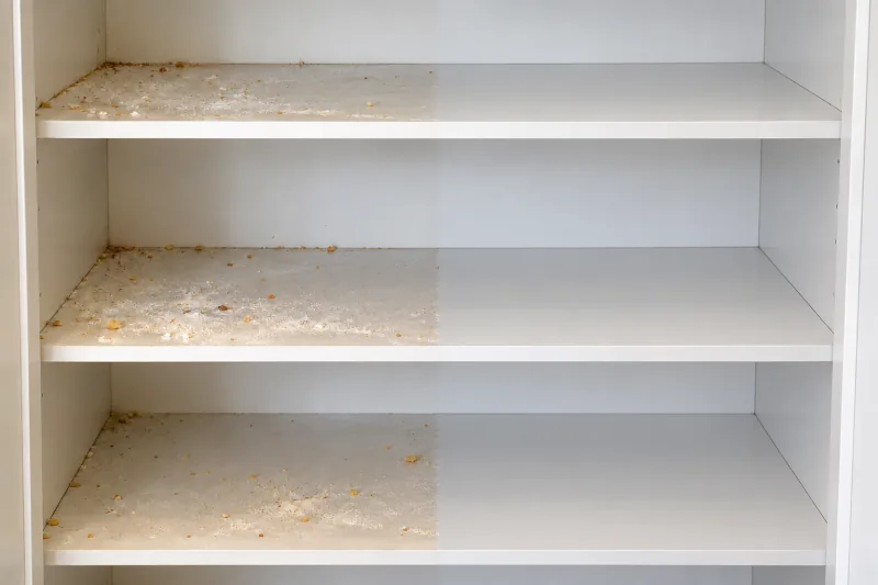 White pantry shelves dusted with flour and crumbs, the right half cleaned – end of lease cleaning in Northcote