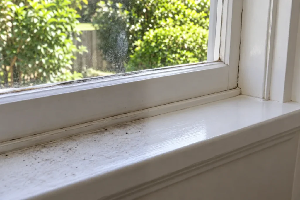 White timber window sill covered in dust, the right side wiped glossy clean – end of lease cleaning in Queanbeyan