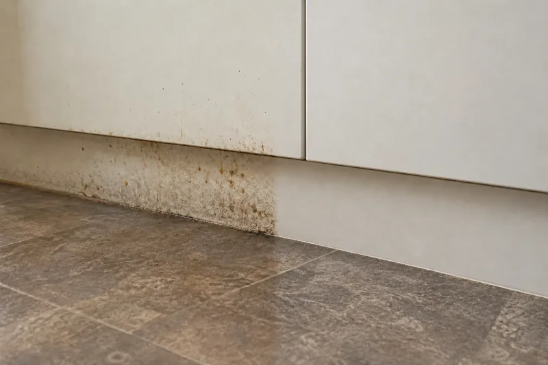 Cream cupboard kickboard with grime splashes, the right section wiped clean – end of lease cleaning in Queanbeyan