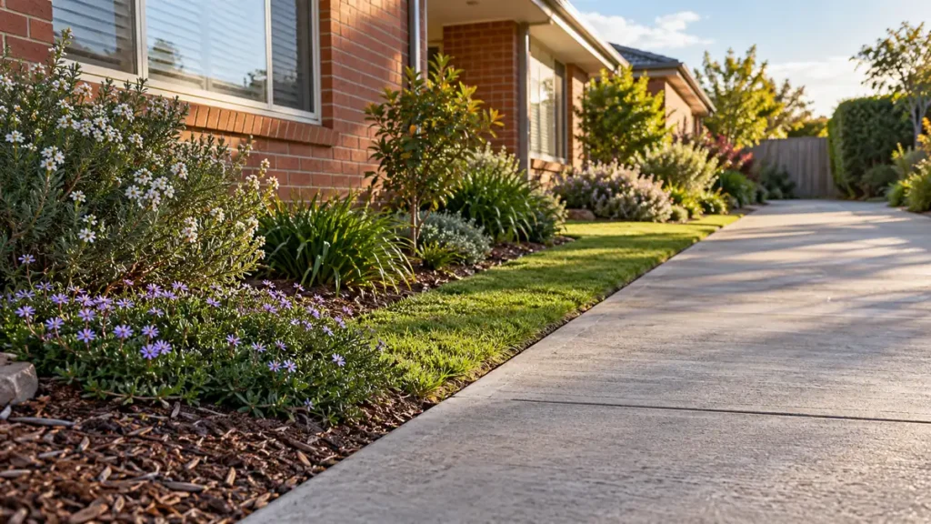Brick house with flowering native beds, a trimmed lawn strip and a concrete drive – gardening in Belconnen