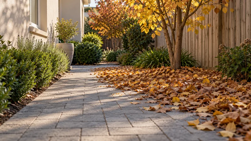 Paved garden path swept clear, with autumn leaves still piled along one side – gardening in Belconnen