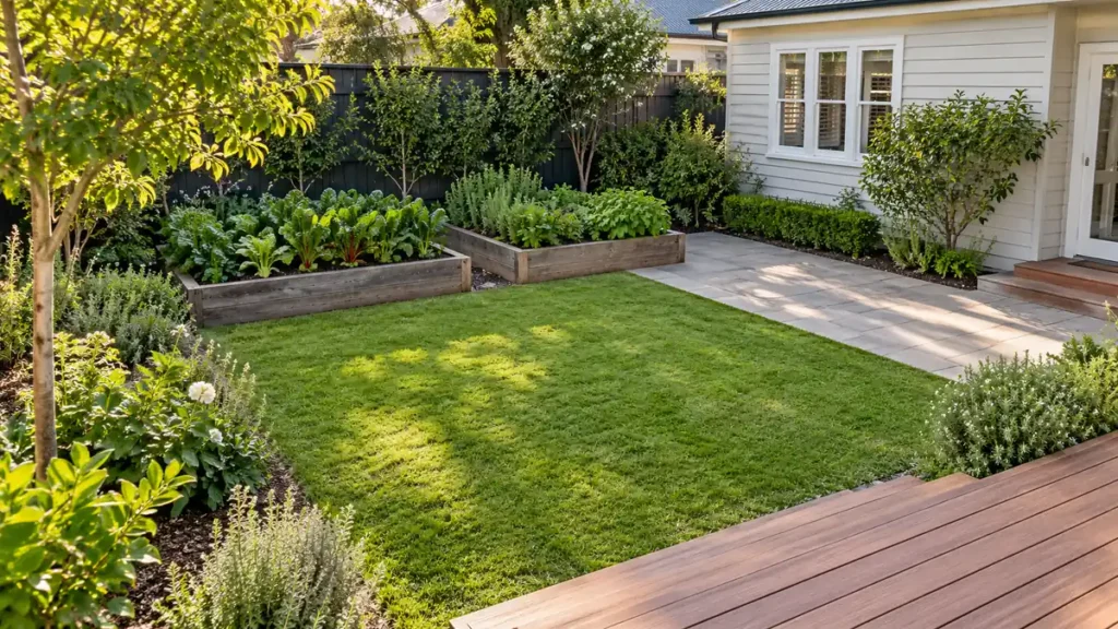 Backyard with timber raised vegetable beds, a mown lawn, paving and a deck – gardening in Canberra