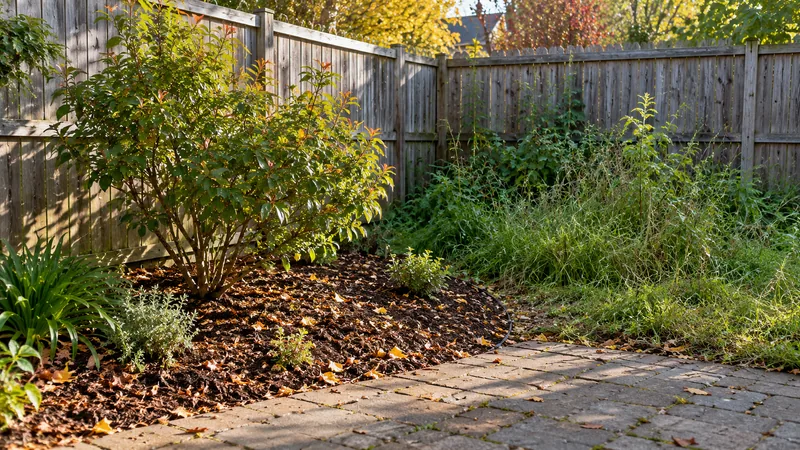 Fresh mulch around a shrub by a timber fence, the corner beside it overgrown – gardening in Canberra