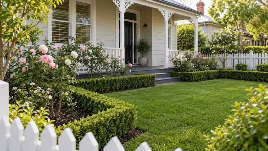 Weatherboard cottage with roses, clipped box hedges, a lawn and a picket fence – gardening in North Canberra