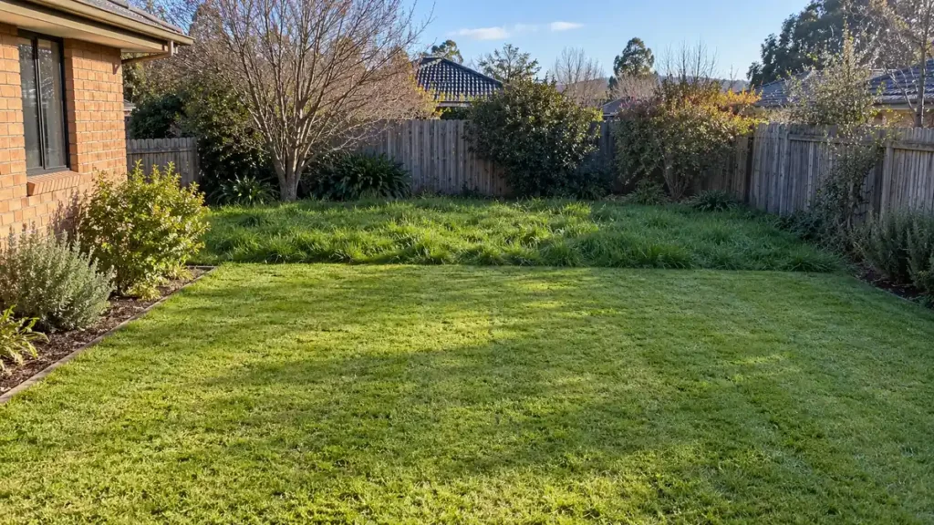Backyard lawn mown at the front, with long uncut grass still along the back fence – gardening in Tuggeranong