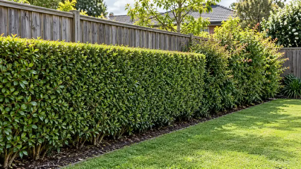 Long hedge neatly trimmed at the front, the far end still overgrown, beside a lawn – gardening in Weston Creek