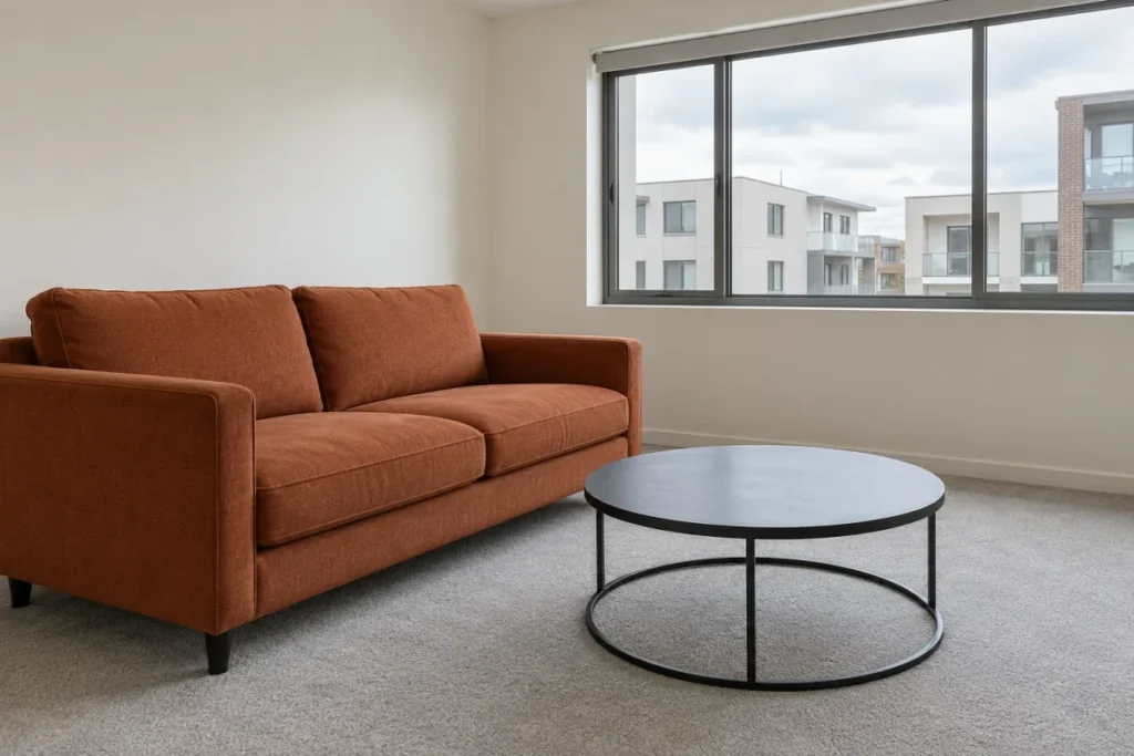 Tidy apartment lounge with a rust sofa and round black coffee table – home cleaning