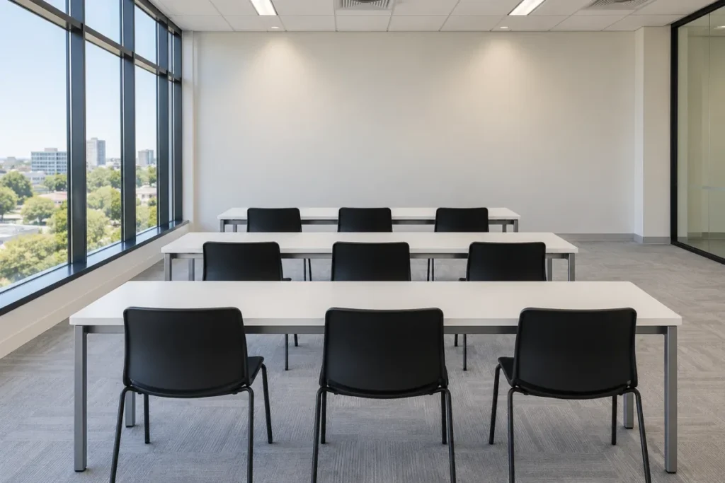 Empty training room with rows of white tables and black chairs – office cleaning