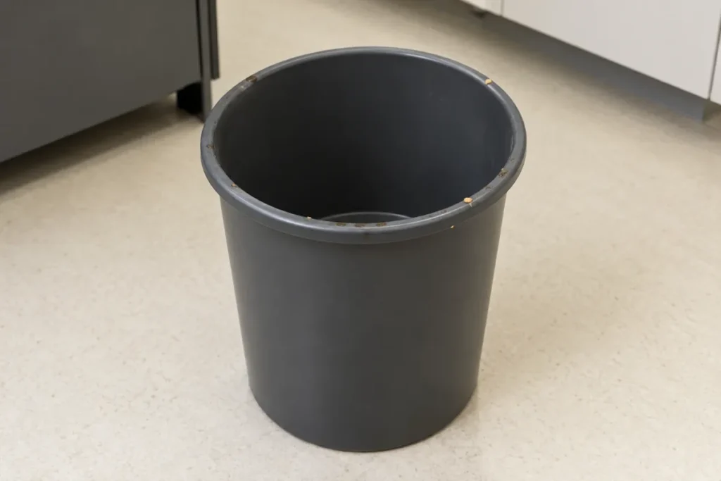 Grey waste bin with dried residue around its rim on a vinyl floor – office cleaning in Epping