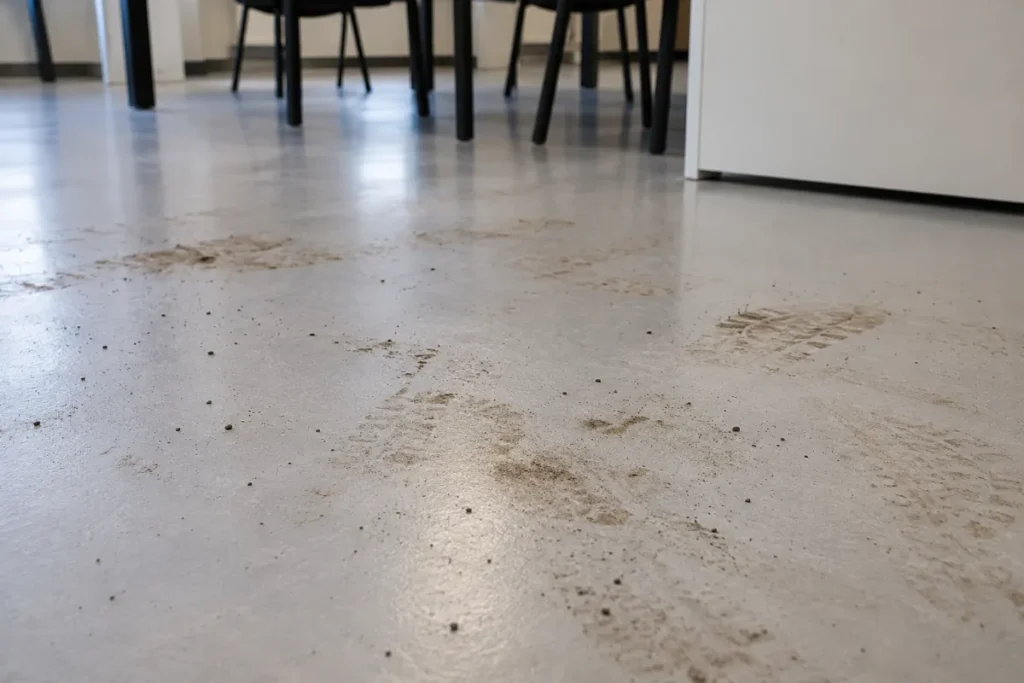 Grey vinyl floor tracked with dirty shoe prints and grit near chairs – office cleaning in Geelong West