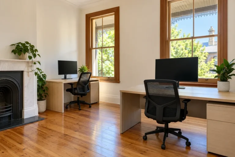 Tidy two-desk office with timber floor, fireplace and tall sash windows – office cleaning