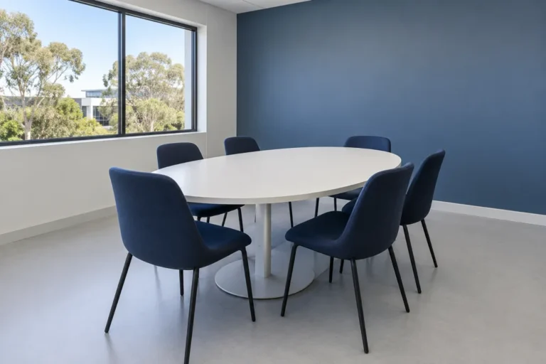 Small meeting room with an oval white table and navy chairs by a window – office cleaning in Melbourne