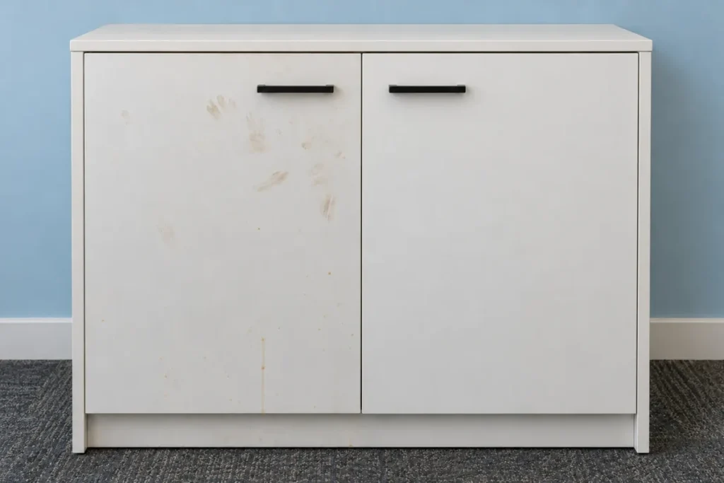 White two-door cabinet with handprints and drips on the left door – office cleaning in South Melbourne
