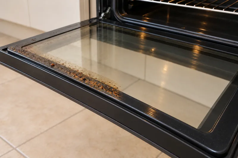 Open oven door with crumbs and grease along the inner glass rim – oven cleaning in Belconnen