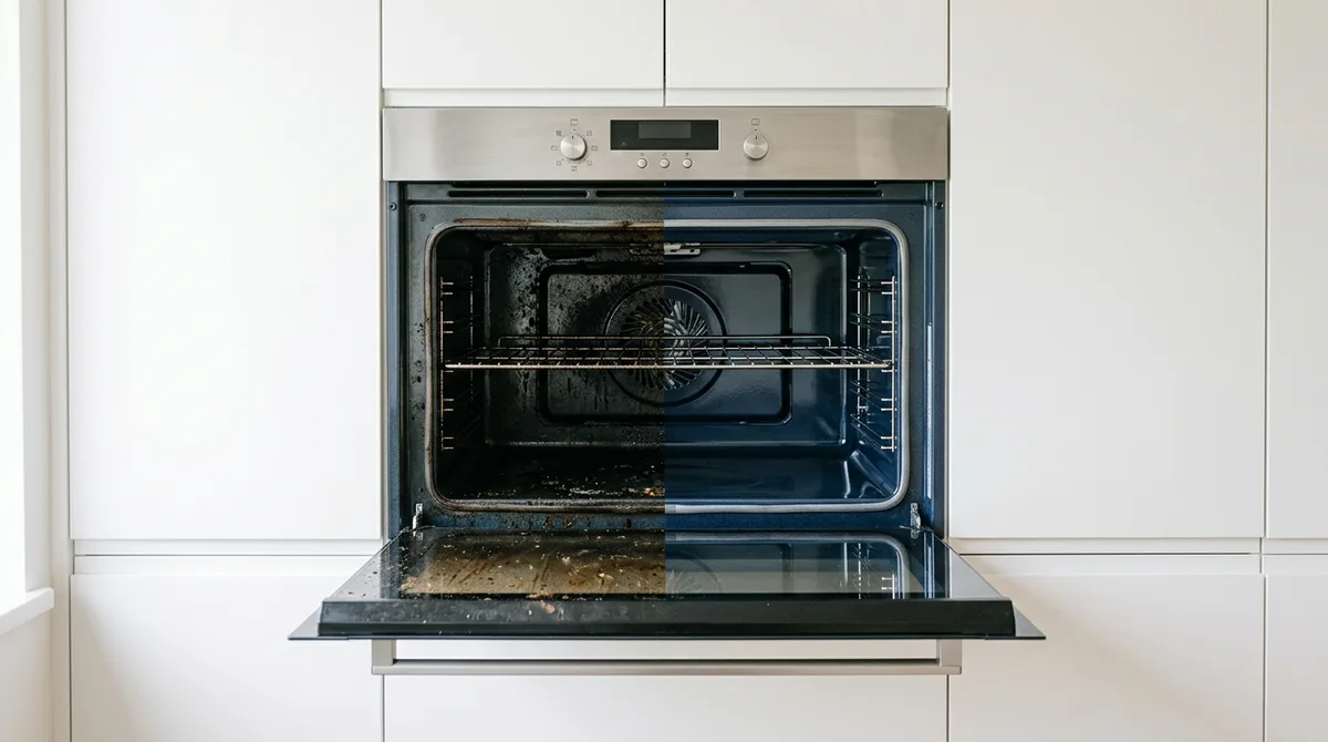 Built-in wall oven in white cabinetry with the door down, the left half of the cavity and door glass greasy and the right half clean