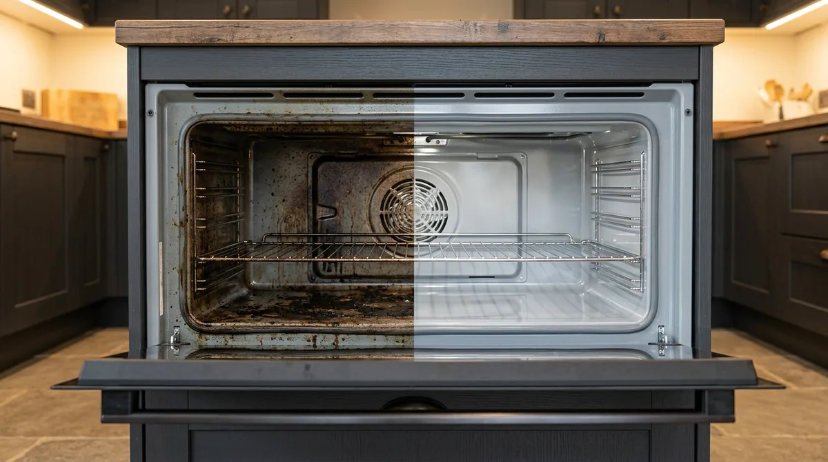 Oven set into a charcoal kitchen island with a timber top, the cavity half grimy and half clean