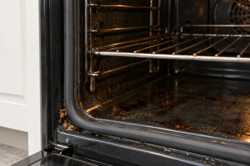 Oven door seal and greasy cavity floor with crumbs along the frame – oven cleaning in Geelong West