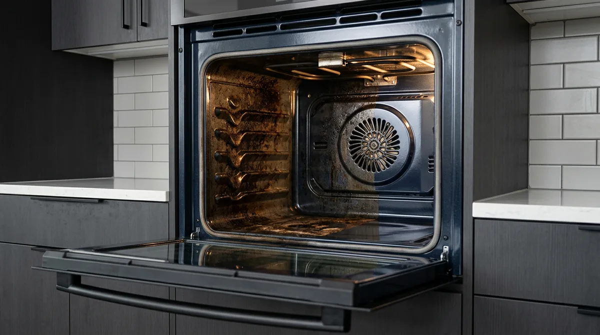 Wall oven in a dark kitchen, angled view of a grease-coated side wall and a clean back wall around the fan