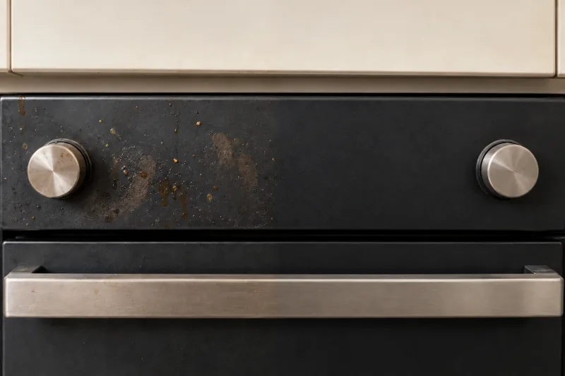 Matte black oven fascia with grease splatter around a control knob – oven cleaning in Gungahlin