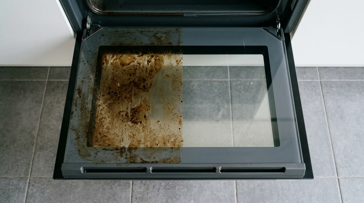 Open oven door seen from above, its glass half caked in brown grease and half clear