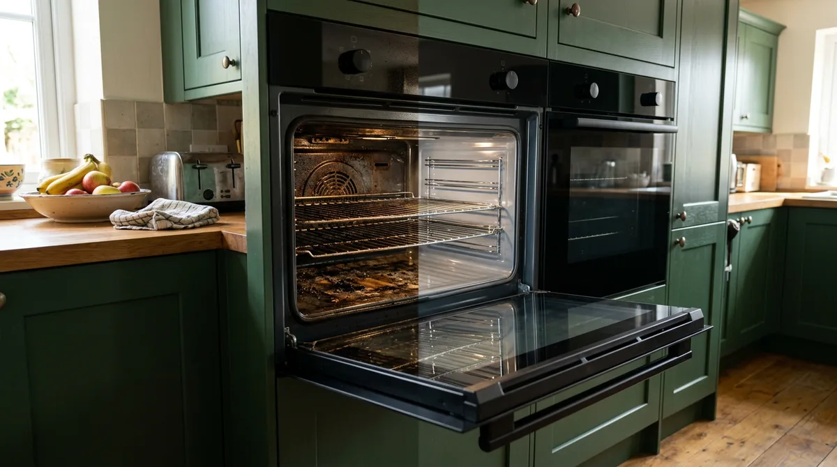 Built-in oven in a green kitchen with the door down, the left half of the cavity soiled and the right half clean
