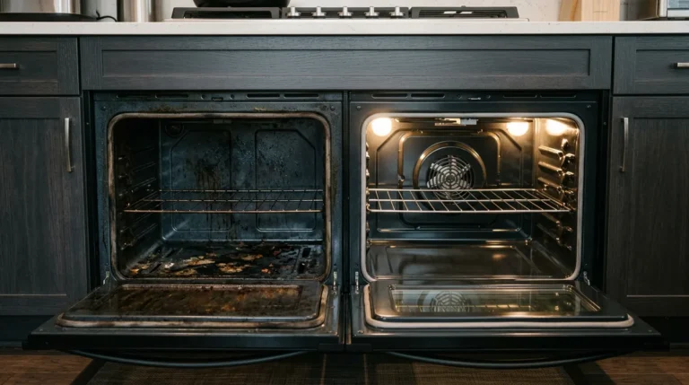 Two under-bench ovens side by side with their doors open, one heavily soiled and one clean and lit