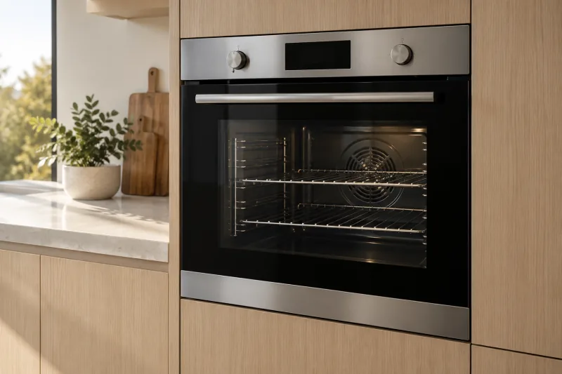 Clean stainless wall oven fitted in a tall timber kitchen cabinet – oven cleaning in Lara