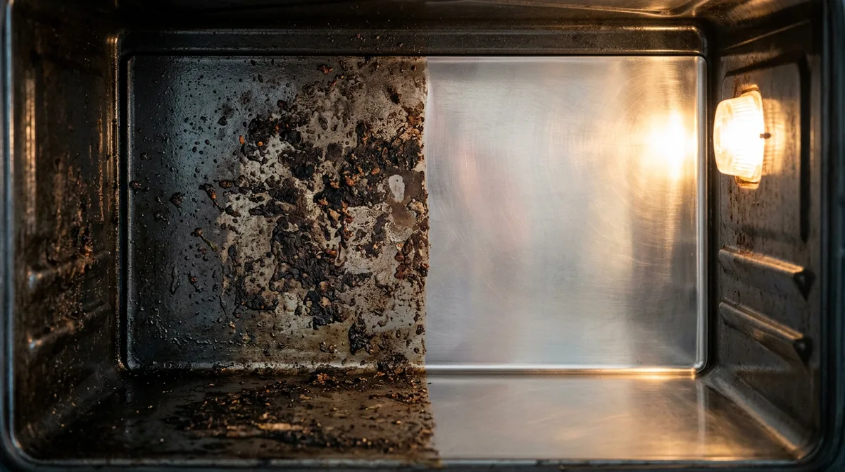Front-on view inside an oven, the back wall and floor crusted with burnt food on the left and clean stainless steel on the right