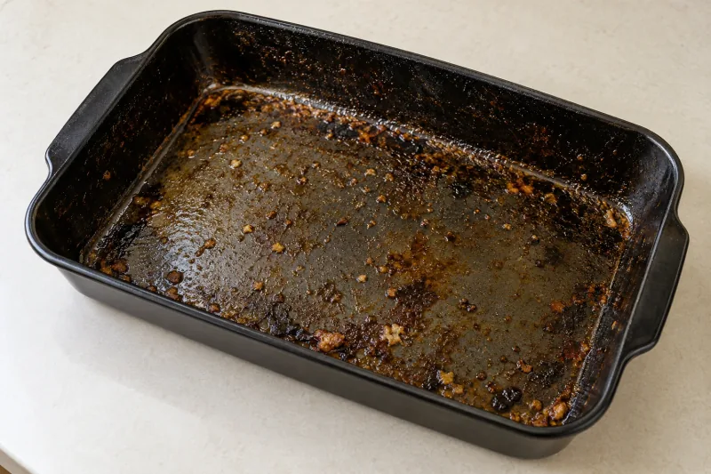 Black roasting pan coated in burnt-on grease and charred food bits – oven cleaning in Leopold
