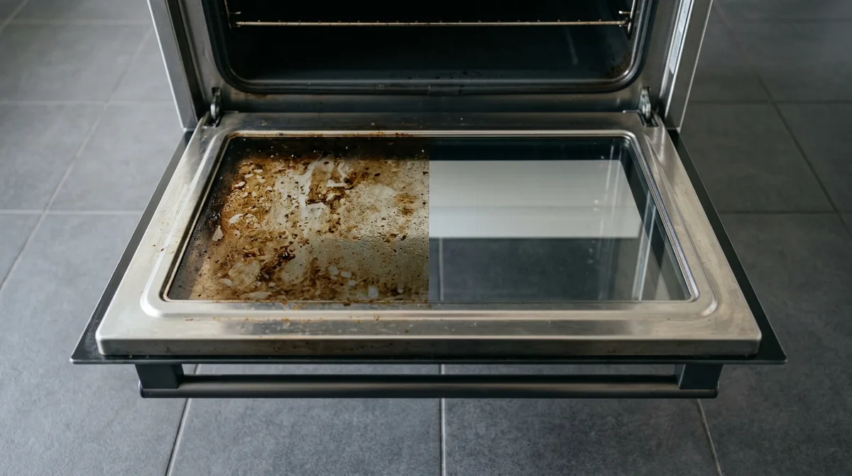 Stainless oven door lying open, viewed from above, its glass half covered in grease and half sparkling