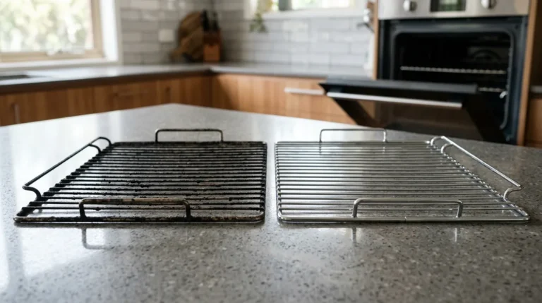 Two oven racks with handles on a stone island, one blackened and one cleaned to chrome