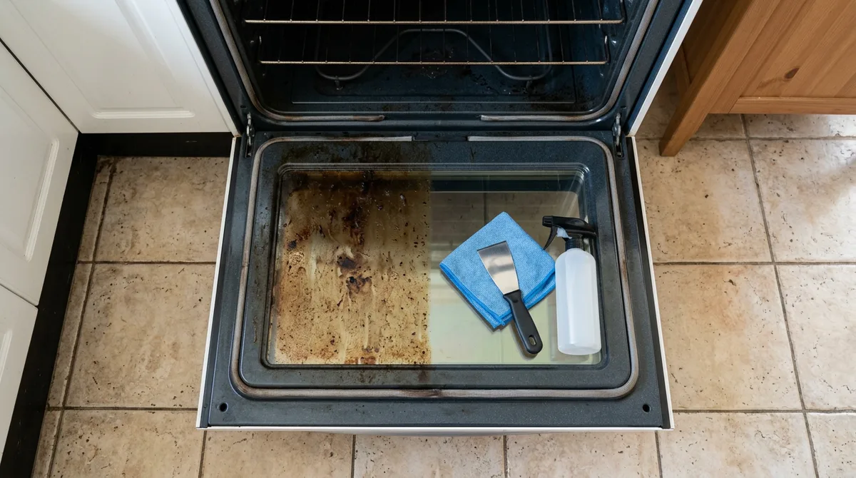 Open oven door over beige floor tiles, the left of the glass caked brown and the right clear, with a cloth, scraper and spray bottle resting on it