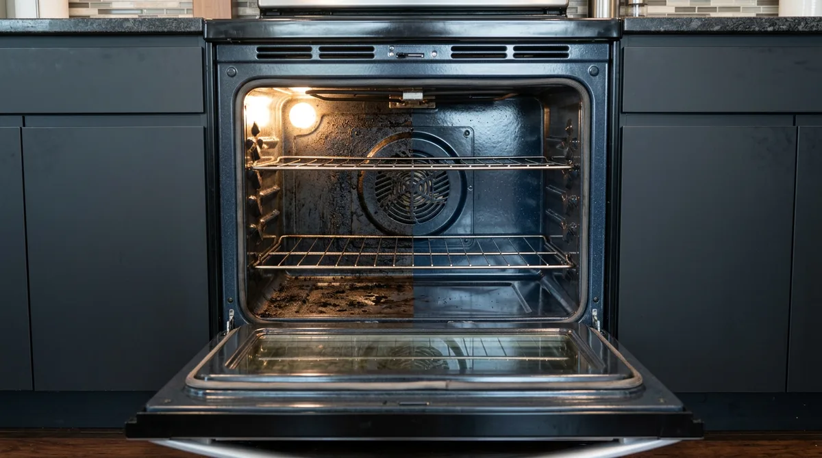 Under-bench oven in black cabinets with two racks and the light on, grimy on the left and clean on the right