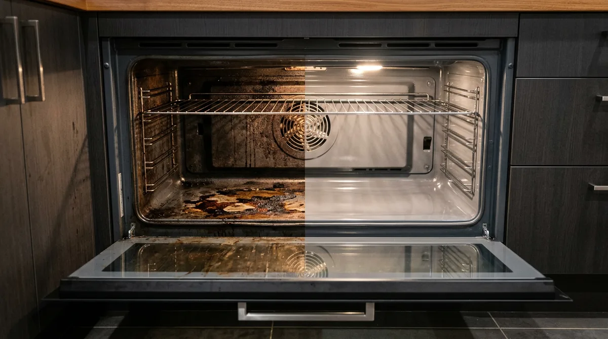 Under-bench oven with the door open, baked-on spills on the left of the floor and door glass and a clean right side