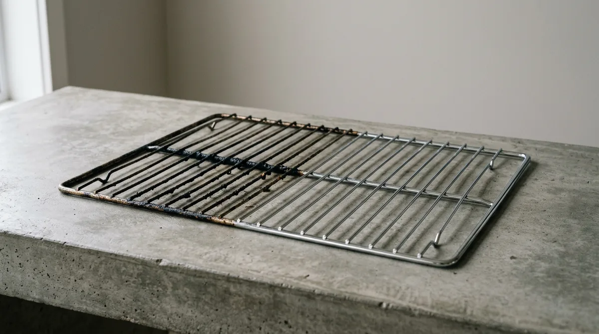 Single oven rack on a concrete bench, seen at an angle, half blackened and half bright chrome