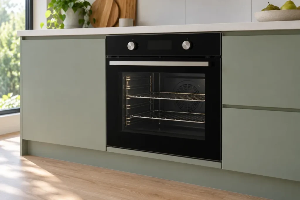 Clean black built-in oven set into sage green kitchen cabinets – oven cleaning in Tuggeranong