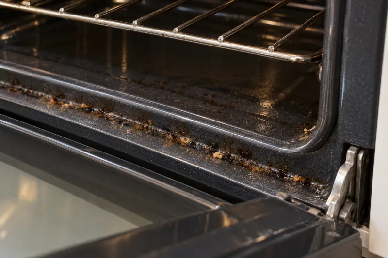 Burnt crumbs collected in the channel along the bottom of an oven opening – oven cleaning in Whittington
