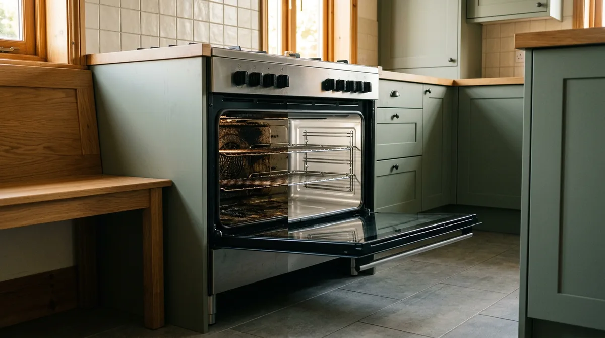 Freestanding range in a sage-green kitchen with the door open, the left half of the cavity and racks greasy and the right half clean