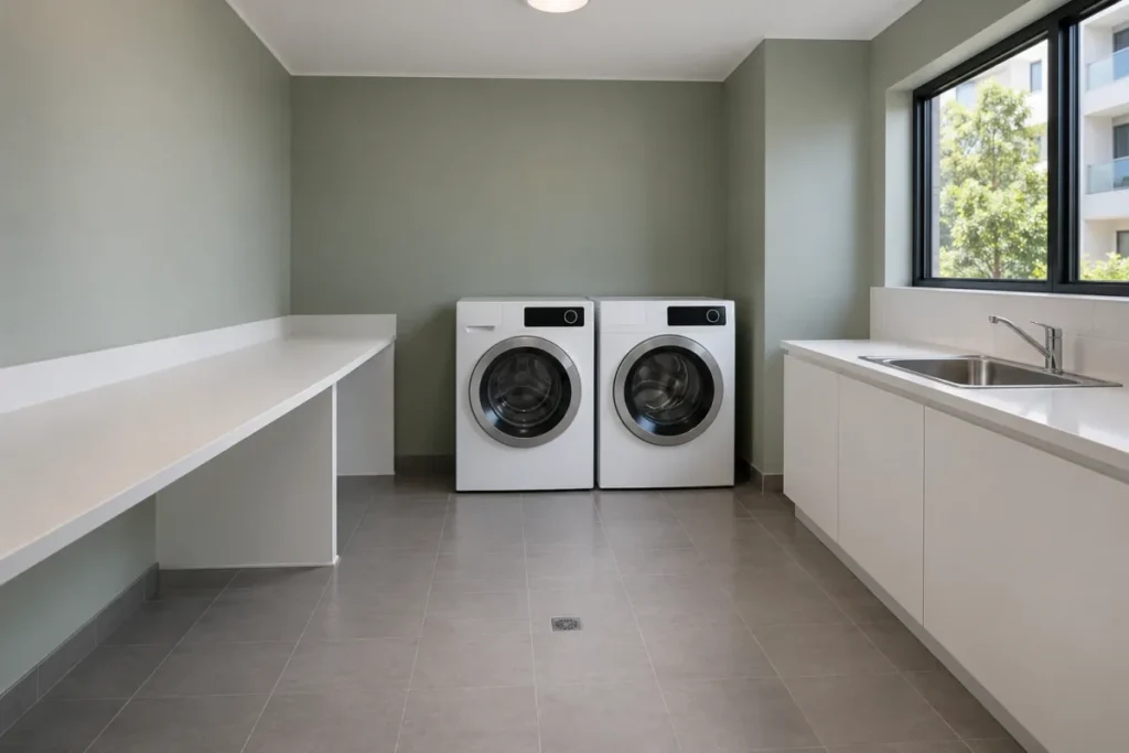Shared laundry with two washing machines, a folding bench and sink – strata cleaning in Belconnen