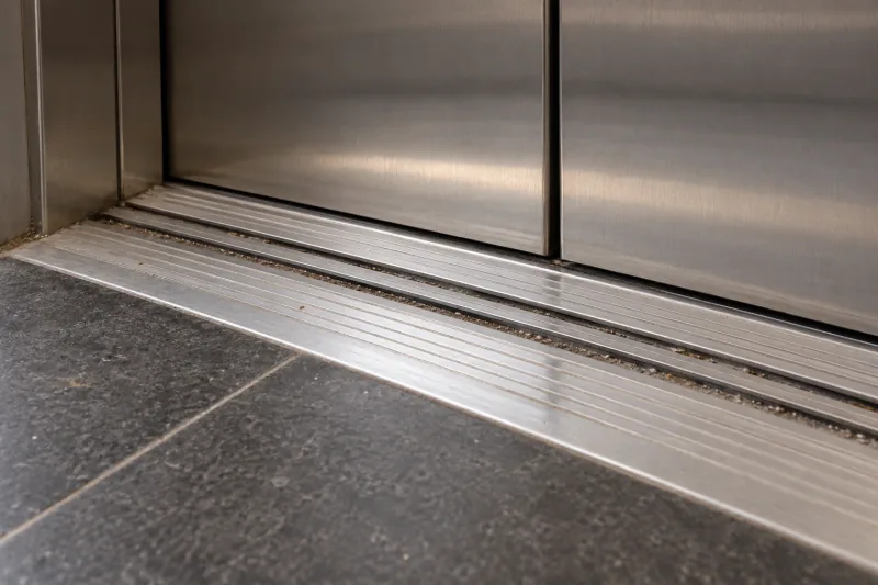 Grit packed into the grooves of a steel lift door threshold – strata cleaning in Belconnen
