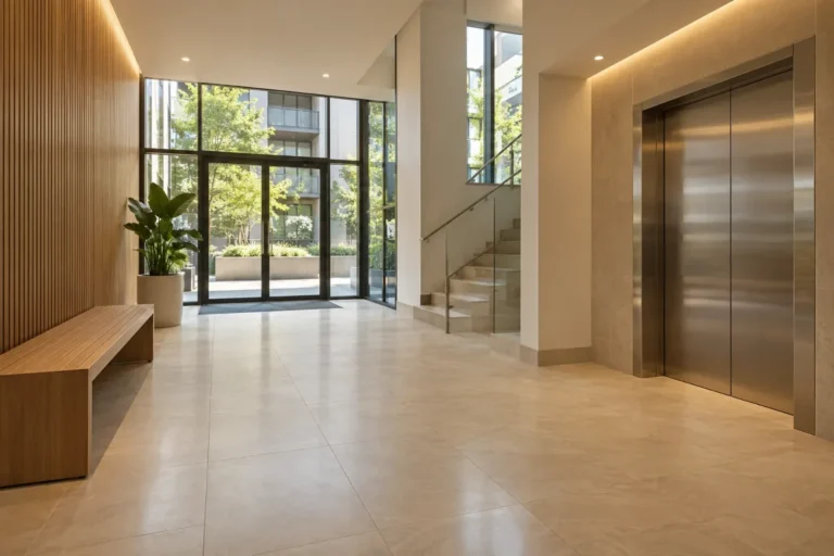 Entrance lobby with a timber bench, glass entry doors, stairs and lift – strata cleaning