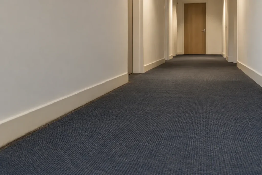 Long carpeted corridor with light dust along the skirting edge – strata cleaning in Molonglo Valley