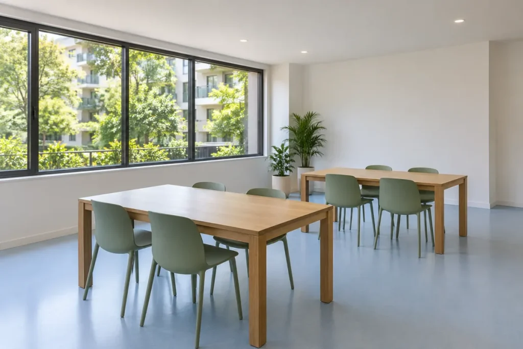 Community room with two timber tables and green chairs by large windows – strata cleaning in North Canberra