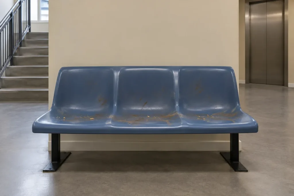 Blue three-seat lobby bench with grime and stains near stairs and lift – strata cleaning in Queanbeyan