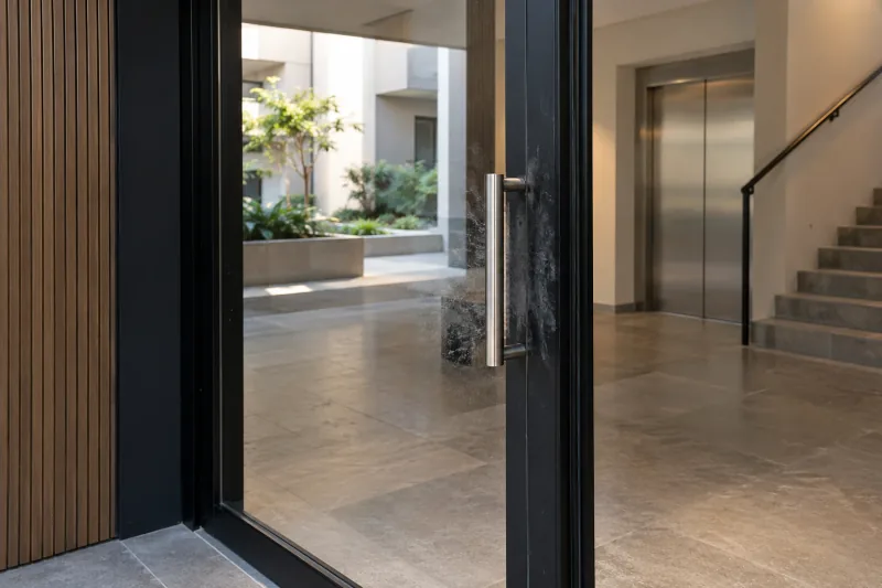 Glass entry door smeared around its handle, opening onto a lift lobby – strata cleaning in Queanbeyan