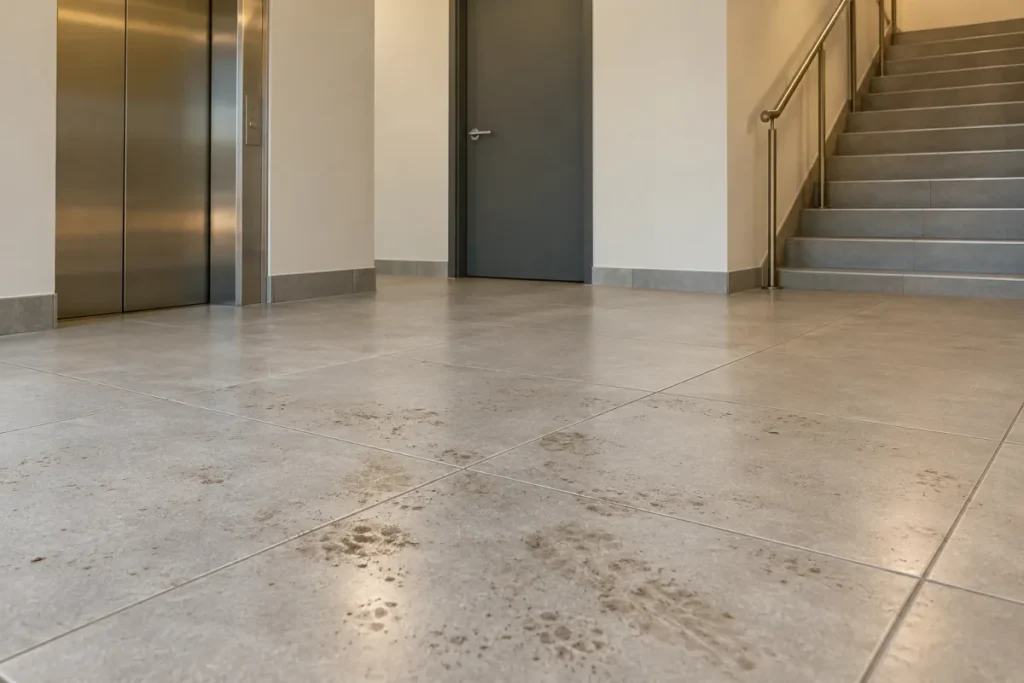 Lobby tiles tracked with muddy footprints near a lift and stairs – strata cleaning in South Canberra