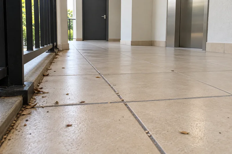 Open tiled walkway with leaves and grit in the grout near a lift – strata cleaning in South Canberra